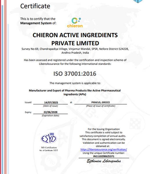 ISO 37001:2016 LiberoAssurance Certificate